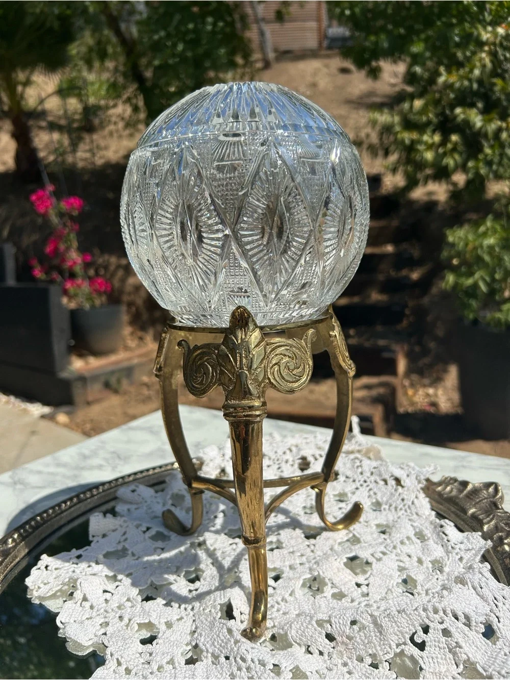 Brass Tripod Stand with Cut Crystal Globe - Clear